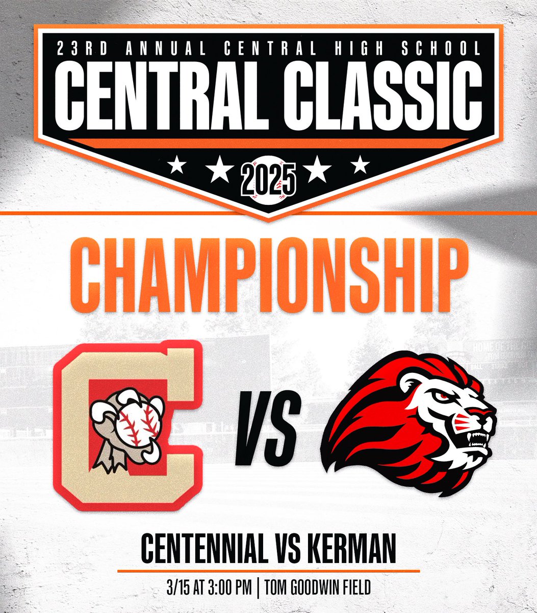 Central High Baseball (@centralball) on Twitter photo We are set for championship baseball tomorrow!
<a href="/kermanbaseball/">Kerman Baseball</a> vs <a href="/CentennialHawks/">Centennial High</a>
Come out to Tom Goodwin Field to watch a new champion be crowned
#CGOE🐻
#CentralClassic2025 We are set for championship baseball tomorrow!
<a href="/kermanbaseball/">Kerman Baseball</a> vs <a href="/CentennialHawks/">Centennial High</a>
Come out to Tom Goodwin Field to watch a new champion be crowned
#CGOE🐻
#CentralClassic2025