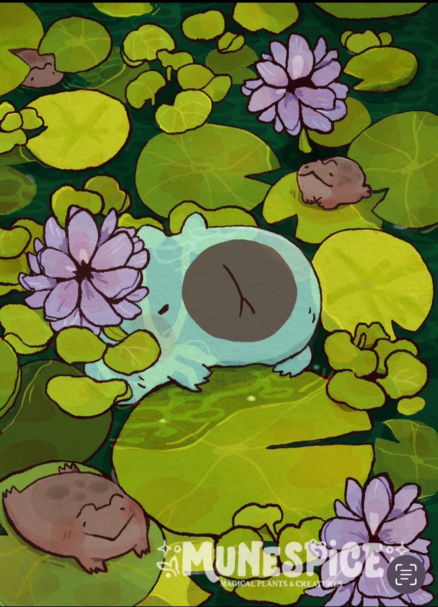 A capybara water spirit amongst water hyacinth blooms (illustration)