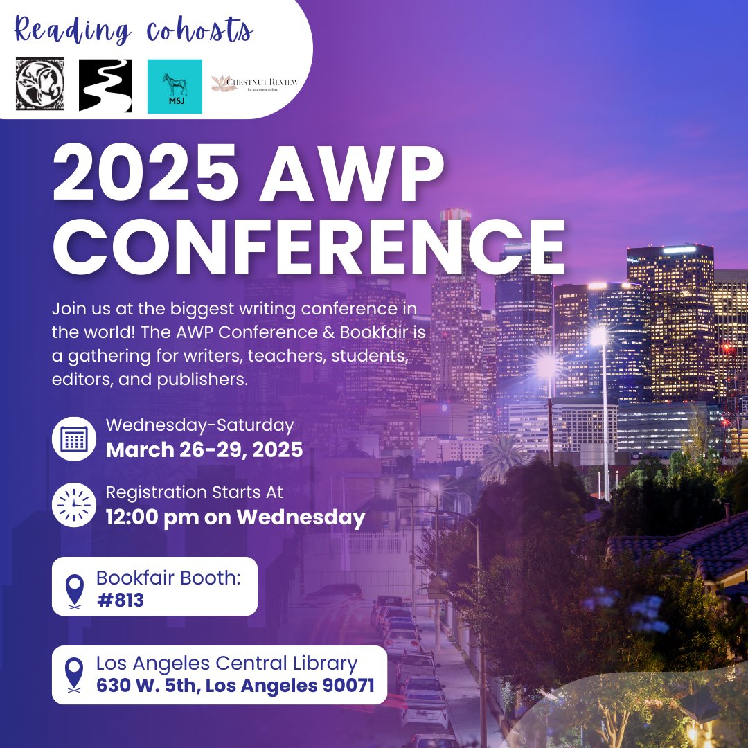 BlackForkReview's tweet image. We are excited to announce that we’ll be attending the 2025 AWP Conference in Los Angeles, California! Stop by our table at the bookfair (#813) and/or come see us on Thursday night at 6 PM for a reading.
Visit AWP’s Website to learn more: s2.goeshow.com/awp/annual/202…
#AWP25