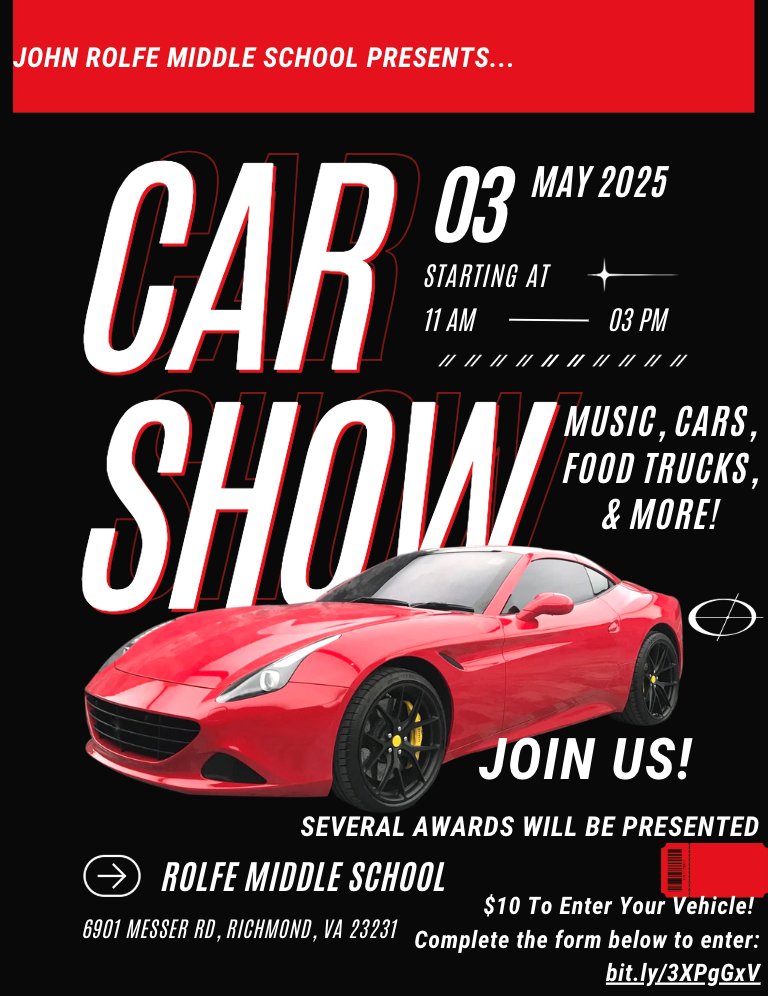 Join us for the JRMS Car Show on May 3rd, 2025!
11am -3pm
There will be music, cars, food trucks and more. Several awards will be presented.
$10 to enter your vehicle!
Complete the form to enter: bit.ly/3XPgGxV