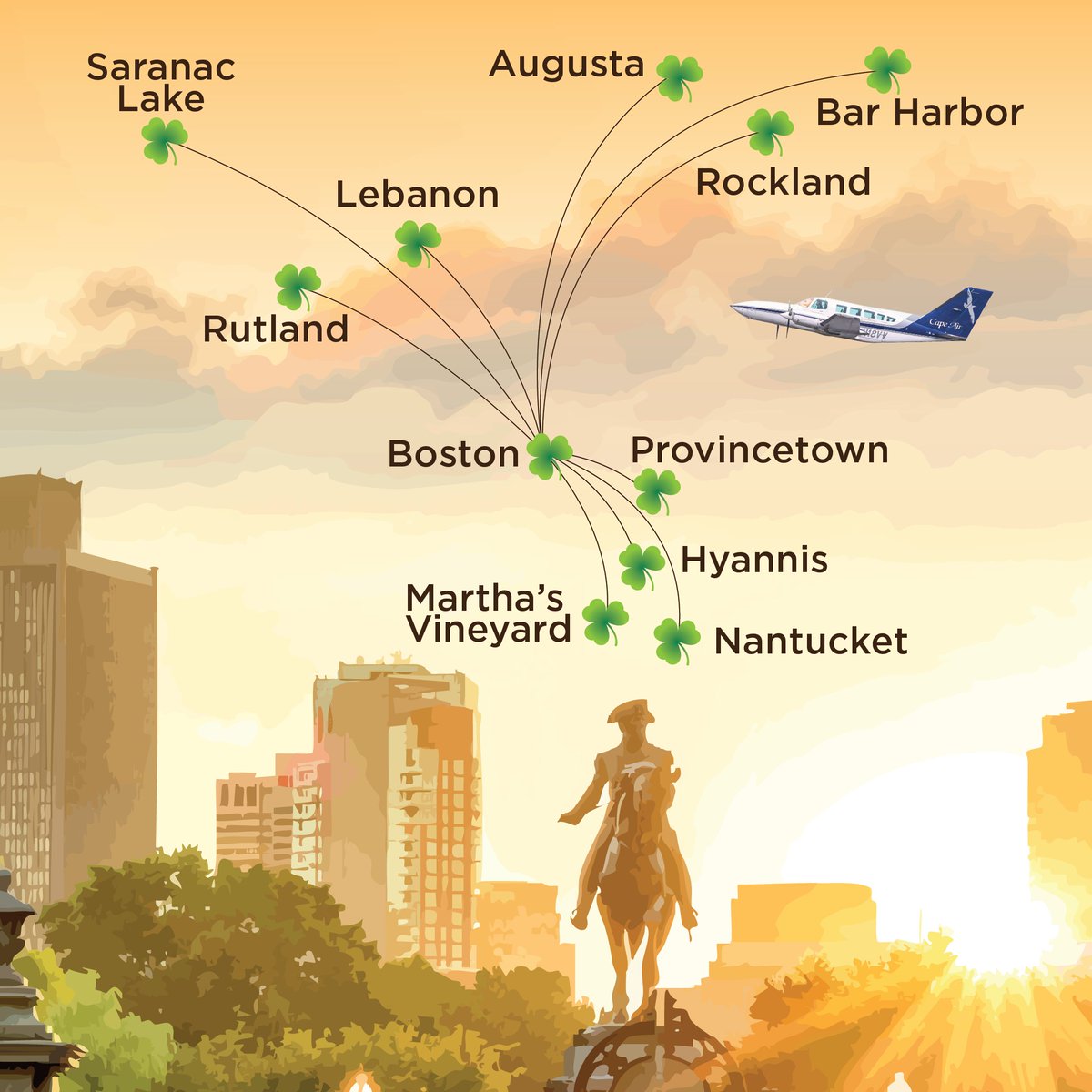 All routes lead to Boston. Fares starting at $59 each way. Book your flight today. 🍀🌈 . . #flycapeair #faresale #Boston #stpatricksday #capeair