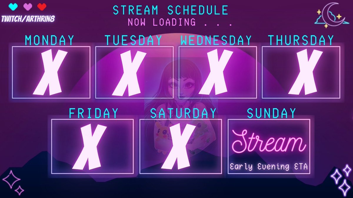 Arthrin8's tweet image. Schedule for this week!✨

#TwitchStreamers #TwitchAffilate #streamschedule #smallstreamerscommunity #GamerLife #GamersUnite #gamers #gamergirls #games #twitchtv #TwitchStreamers #streamer #streamergirls #gamer #videogames #pcgaming #horrorgames #facecam #twitchgaming