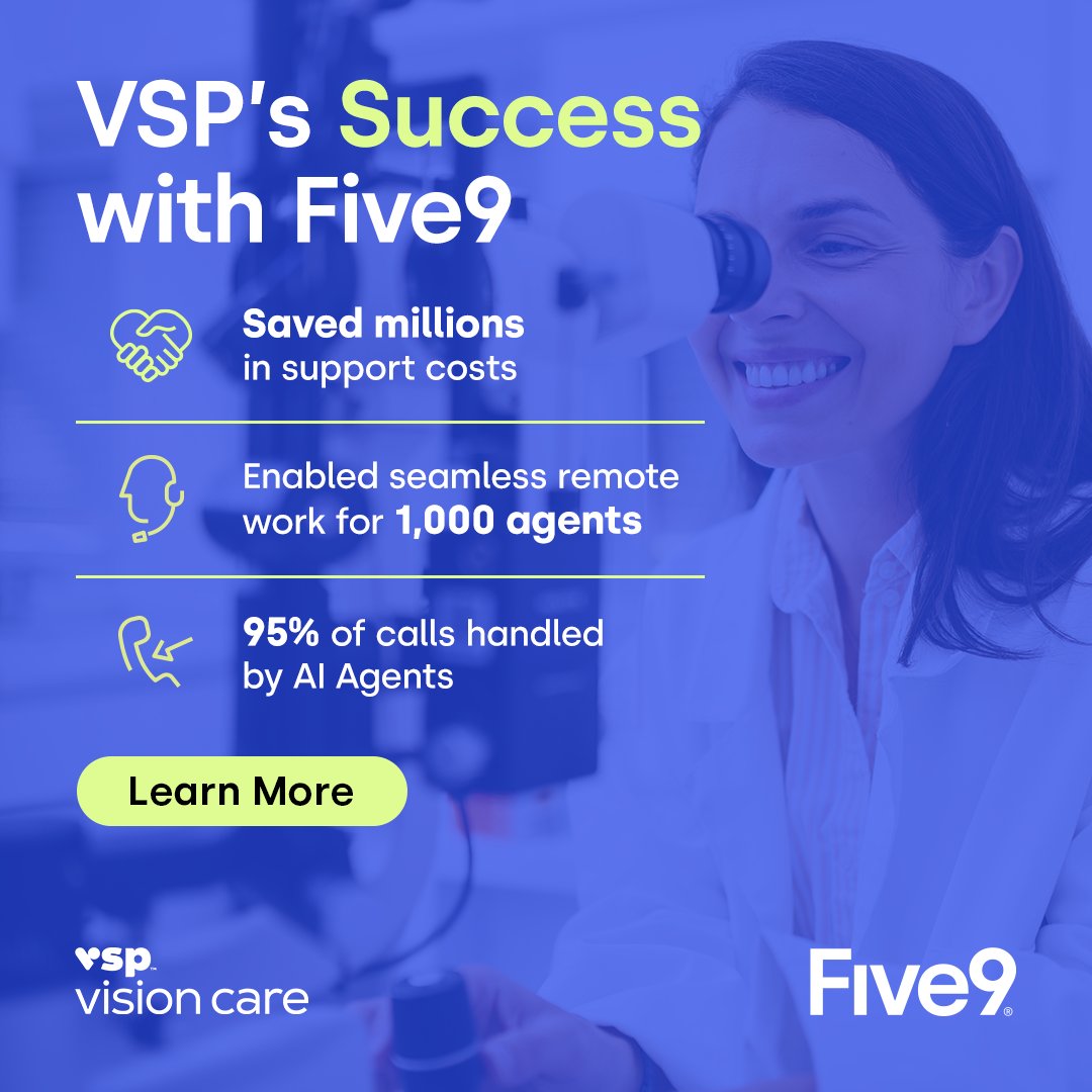👓 With Five9 <a href="/VSPVisionCare/">VSP Vision Care</a> realized:

✔️ Millions in savings by owning Intelligent Virtual Agent management.
✔️ A reduction in support costs by two full-time employees.
✔️ A 100% remote workforce.

spr.ly/60130nb1f
#CustomerSuccess #CustomerExperience #AI #TheNewCX