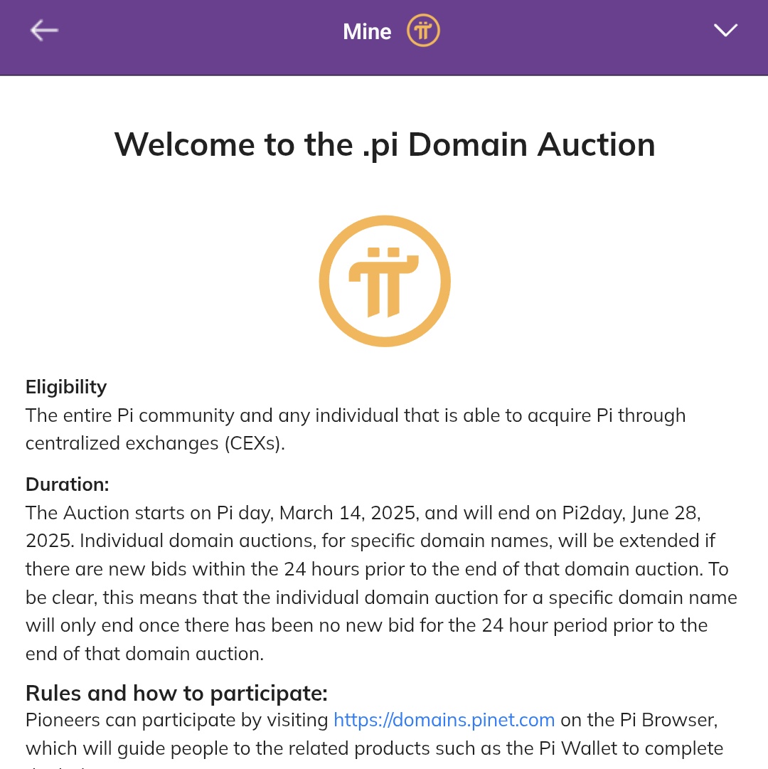 🚨突发新闻：Pi Core 团队已启动拍卖，供人们保护.pi 域名。拍卖从3 月14 日的Pi Day 持续到6 月28  日的Pi2Day。竞标一个域名需要花费