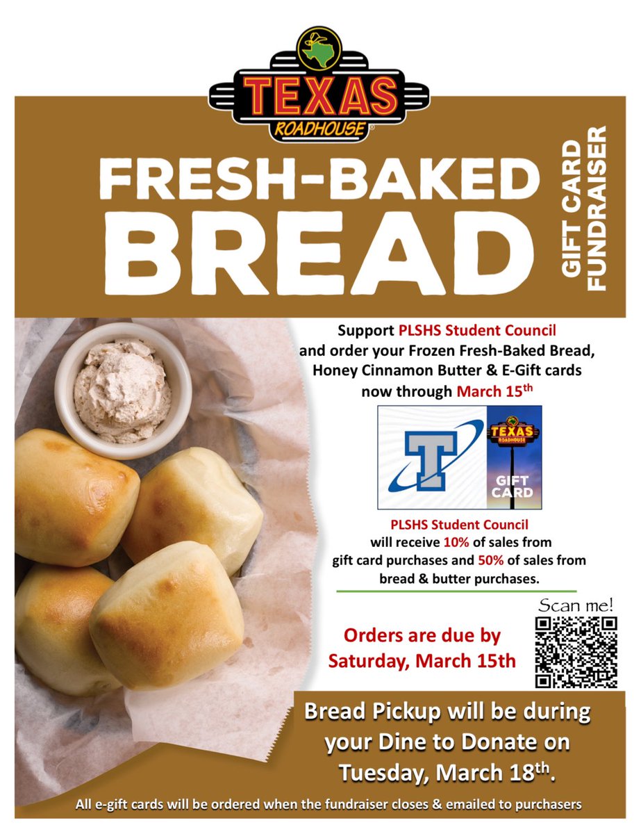 Use the QR code to buy Texas Roadhouse Rolls! All proceeds go towards supporting your student council! We are also having a Chef’s Night Out next Tuesday, so come support us then too!!