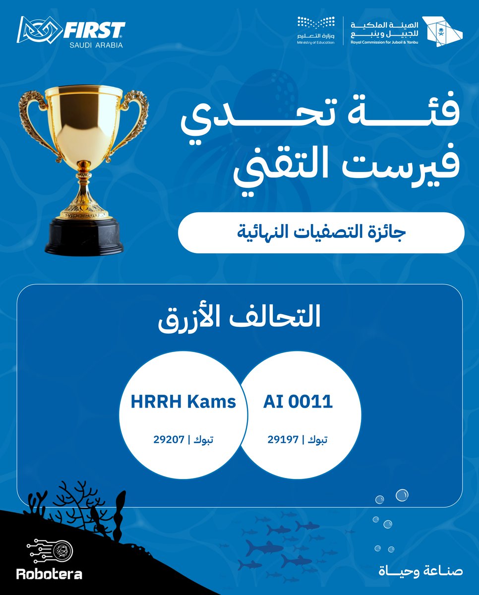 FIRST_1SAUDI's tweet photo. تهانينا للفرق الفائزة في تحدي #فيرست التقني
ونتطلع لرؤية المزيد من إبداعاتكم! 🏆
@RCJY_Jubail
#FIRSTDIVE #FIRST_1SAUDI https://t.co/SgzNh9g4DY