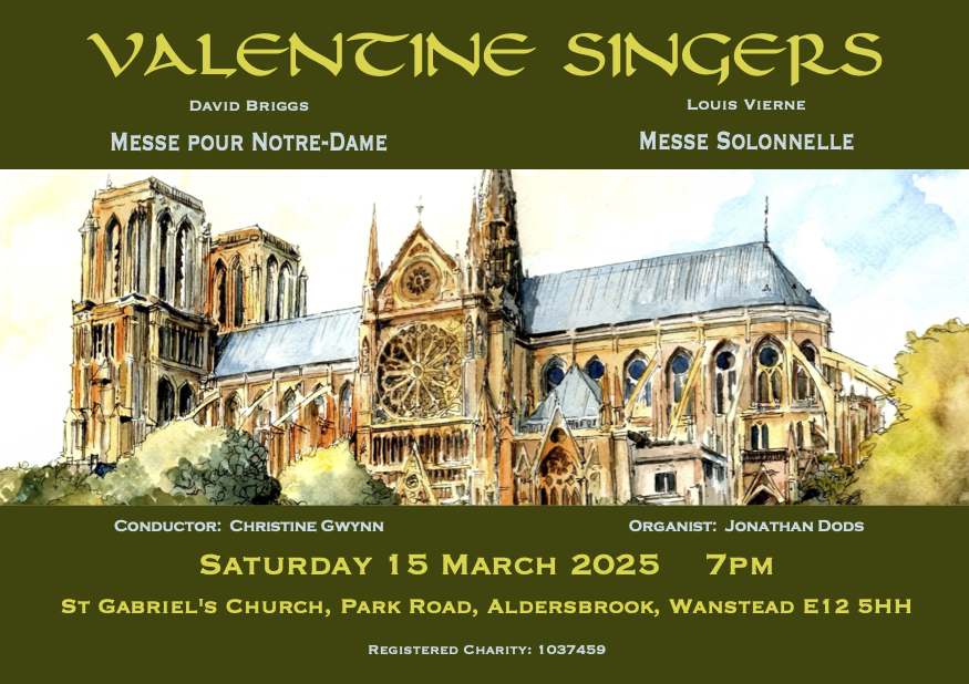 Tonight! Experiencing these pieces in their full glory with wonderful organist Jonathan Dods. So looking forward to performing them this evening. Please join us if you can <a href="/DoMoreRed/">Vision Redbridge Culture & Leisure</a> <a href="/MakingMusic_UK/">Making Music UK</a> #DavidBriggs #louisvierne <a href="/wavidi/">Wanstead Village Directory</a>  <a href="/Wanstead/">Wanstead</a> <a href="/StGAldersbrook/">St Gabriel's Church Aldersbrook</a> <a href="/notredameparis/">Cathédrale Notre-Dame de Paris</a>