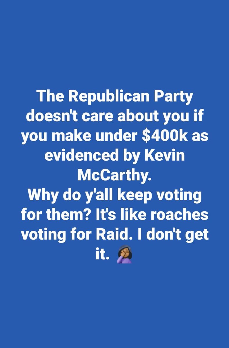 TurnTNBlue's tweet photo. As evidenced by not only McCarthy, but also #Trump, #JDVance, #ElonMusk, and the entire #RepublicanParty.

I’ll never understand why you assholes keep voting for #Republican assholes who don’t give a fuck about any of you.

#STOPVOTINGFORREPUBLICANS https://t.co/sbRaulgHra