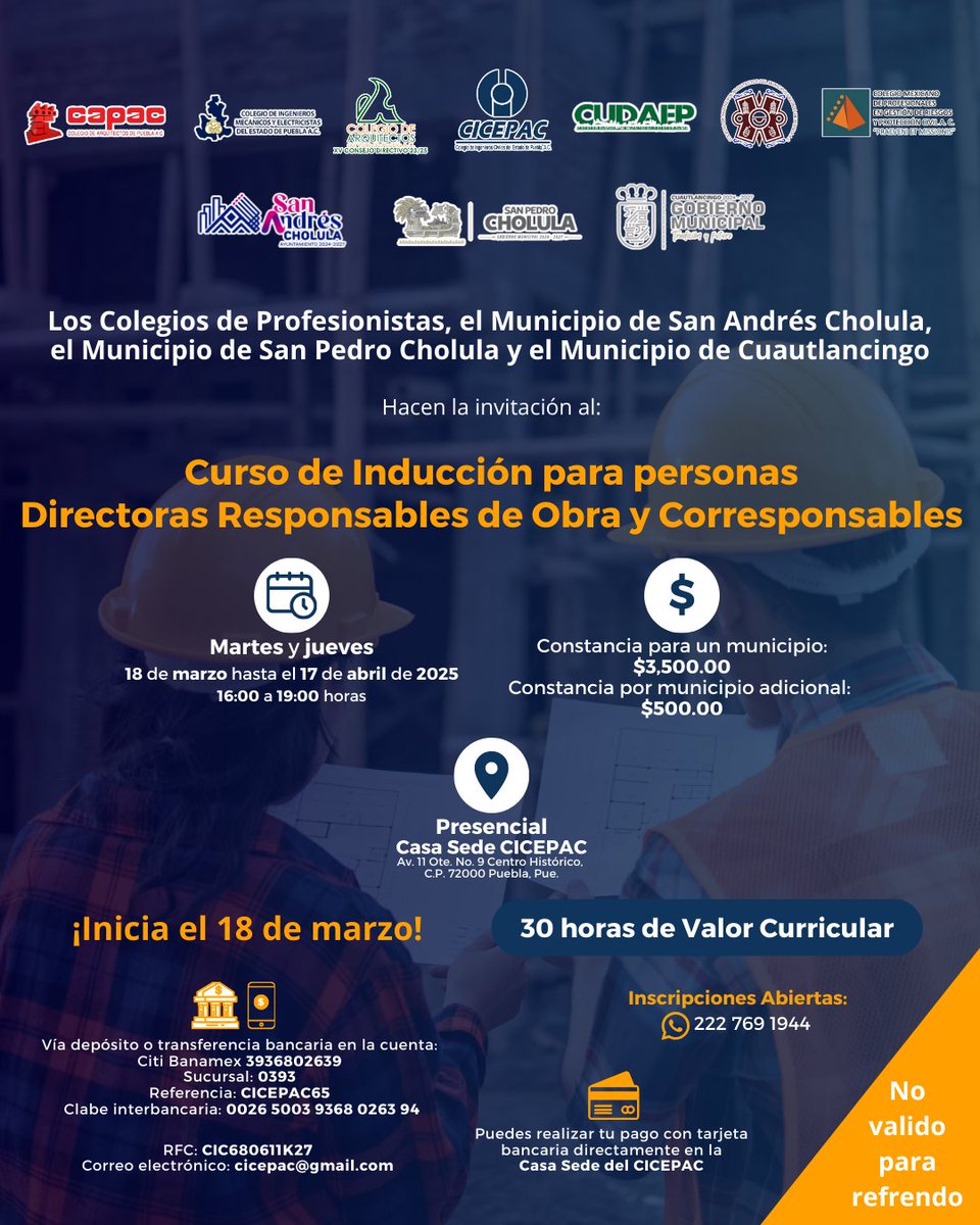cicepac's tweet photo. Los Colegios de Profesionistas, el Municipio de San Andrés Cholula, el Municipio de San Pedro Cholula y el Municipio de Cuautlancingo, hacen la invitación al:
Curso de Inducción para personas Directoras Responsables de Obra y Corresponsables 👷🏻♀️👷🏽
#CICEPAC #DRO #Corresponsable https://t.co/p6KcHVrD7q