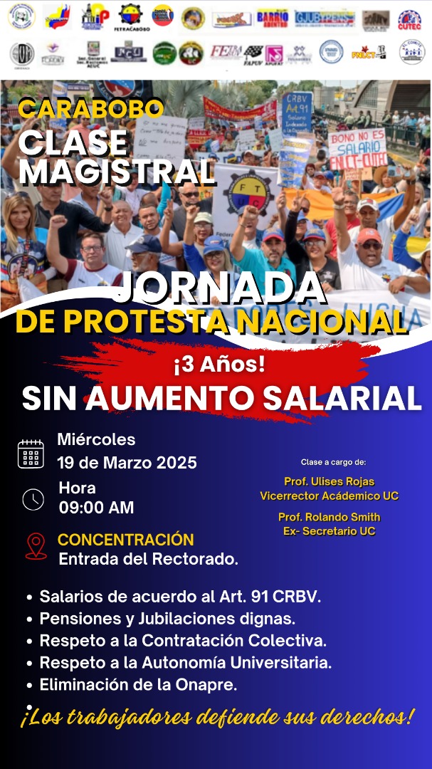 Con este gran ejemplo unitario de #Carabobo  se suma #El19JornadaDeProtesta a 3 años sin aumento salarial.
#AumentoJustoYa