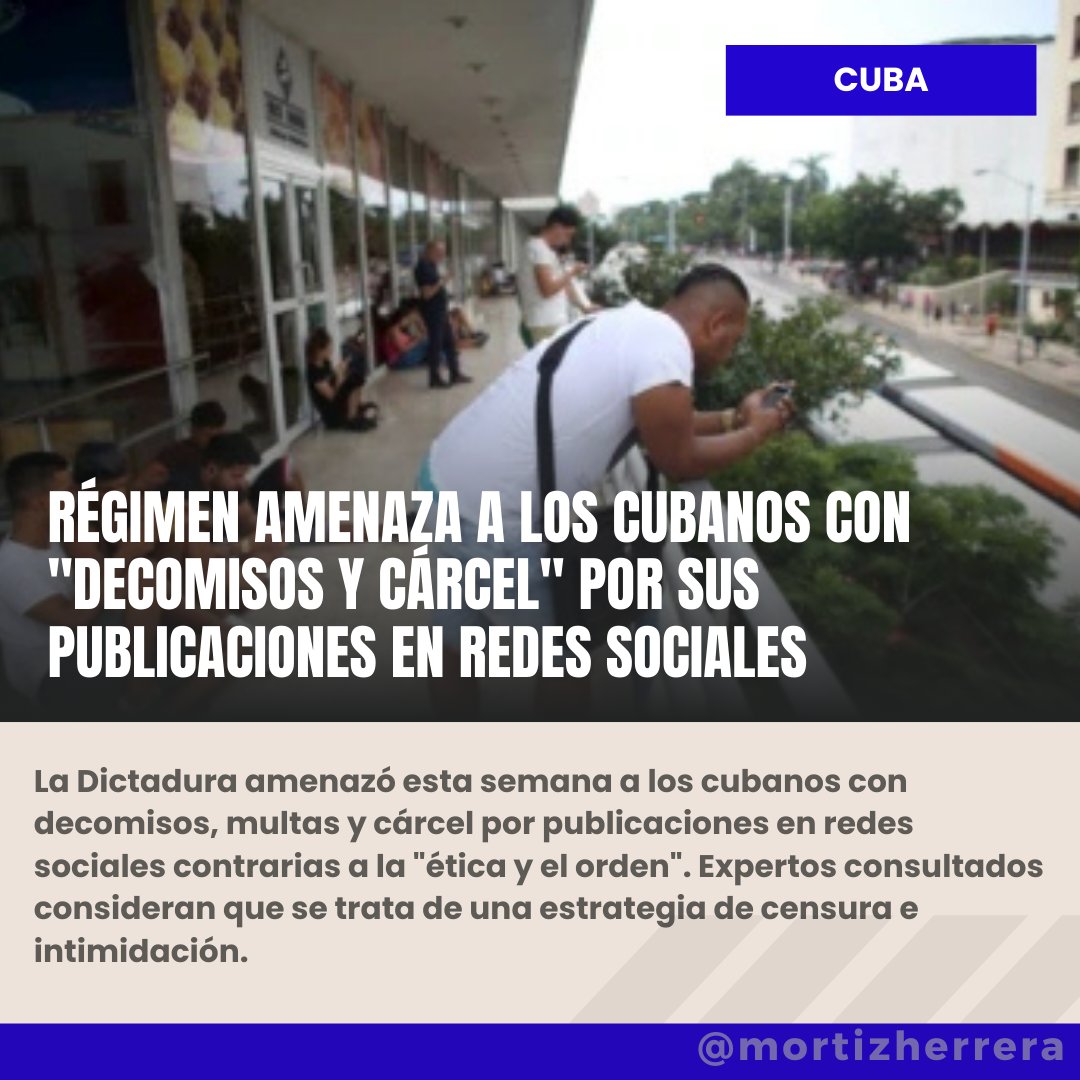 mortizherrera's tweet photo. CUBA | La Dictadura intensifica su represión: amenaza con "decomisos y cárcel" a quienes expresen su opinión en redes sociales. 

🚫🗣️ La libertad de expresión sigue siendo un lujo inexistente en la isla. ⛓️🇨🇺

@barbaritarucuru

#Cuba #LibertadDeExpresión #DerechosHumanos https://t.co/VUiMXyyJXn