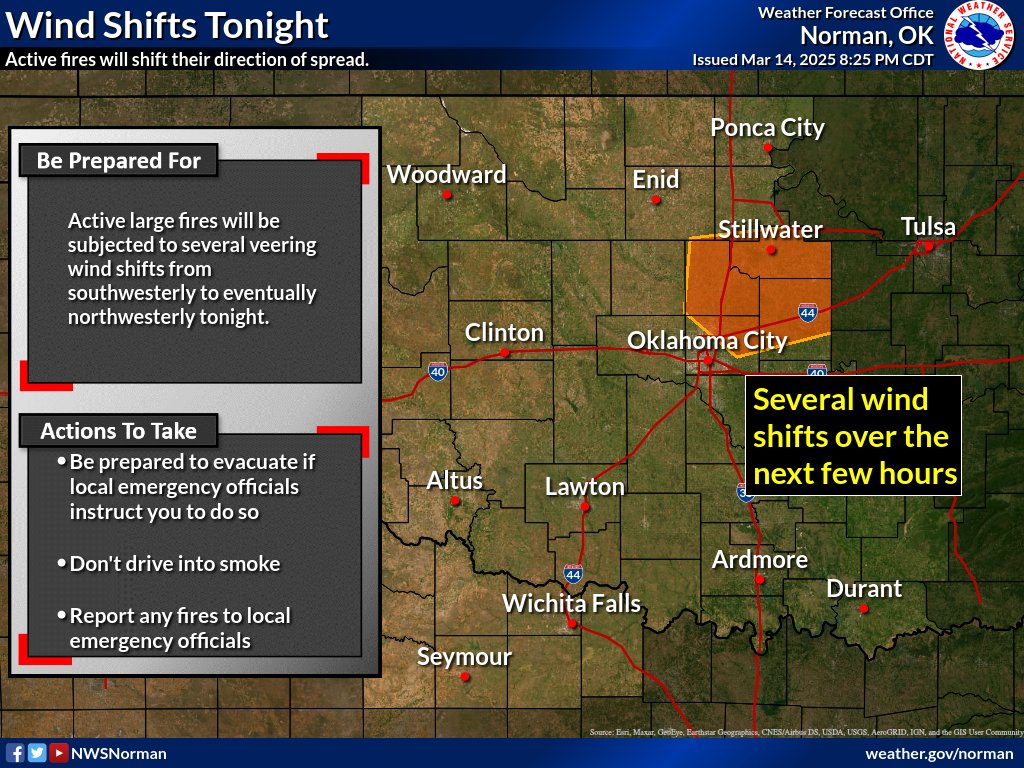 8:50 pm - Our fire event isn't done yet. Several large fires are still burning, especially in central Oklahoma. They may be enhanced by subtle wind shifts tonight. Make sure you have ways to receive fire evacuation alerts if you live in the orange box.