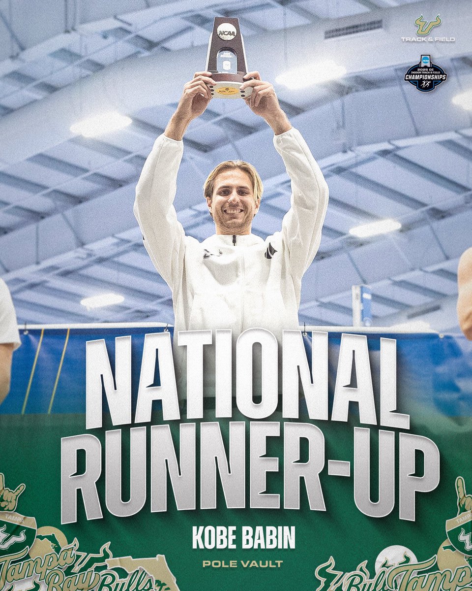 USFXCTF's tweet photo. Kobe Babin collects back2️⃣back PRs, a new facility record and program record, and our first-ever indoor First Team All-American in pole vault! Babin finished second in the nation at the NCAA Track and Field Indoor Championships!

#HornsUp🤘
#ComeRunWithTheBulls🐂 https://t.co/6VitJjgnLo
