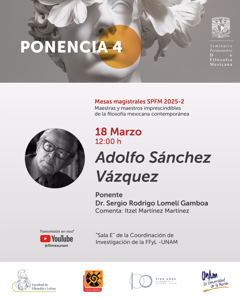 Seminario Permanente de Filosofía Mexicana (@filmexunam) on Twitter photo Llegamos a la mitad de nuestro ciclo 2025-5.
Con gran entusiasmo recibimos al Dr. Sergio Lomelí para que nos hable de la filosofía de Adolfo Sánchez Vázquez.
📍La cita es en la “Sala E” de la Coordinación de <a href="/filos_unam/">Filosofía y Letras UNAM</a> al medio día.
#SPFM #Filos100 Llegamos a la mitad de nuestro ciclo 2025-5.
Con gran entusiasmo recibimos al Dr. Sergio Lomelí para que nos hable de la filosofía de Adolfo Sánchez Vázquez.
📍La cita es en la “Sala E” de la Coordinación de <a href="/filos_unam/">Filosofía y Letras UNAM</a> al medio día.
#SPFM #Filos100
