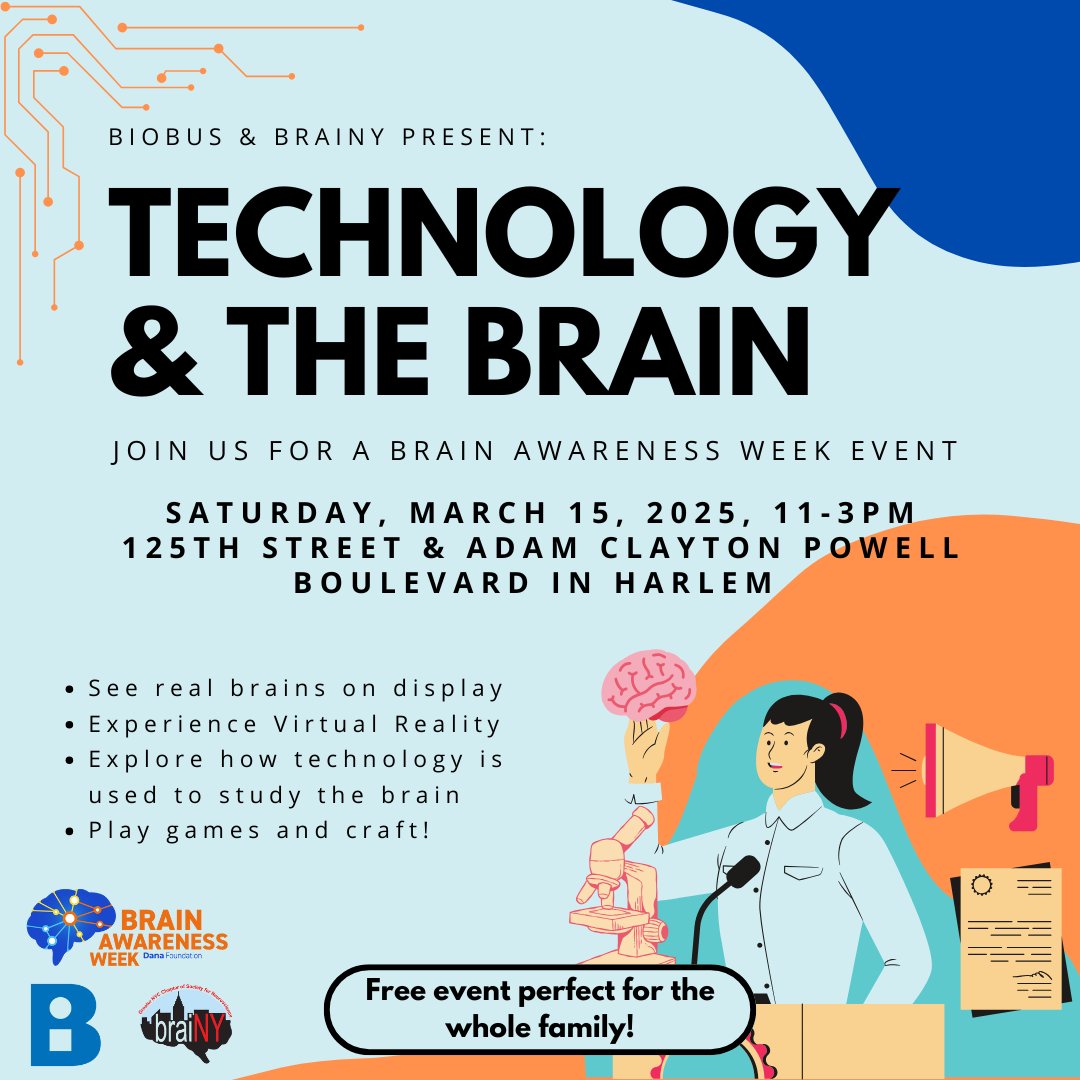 If you're in Harlem, NY tomorrow, come check out the amazing set up led by <a href="/BioBus/">BioBus</a> and <a href="/ComeBeBraiNY/">Be Brainy NYC</a>! Lots of fun, free activities for everyone to celebrate #BrainAwarenessWeek We'll be there from 11-3pm 🧠💥