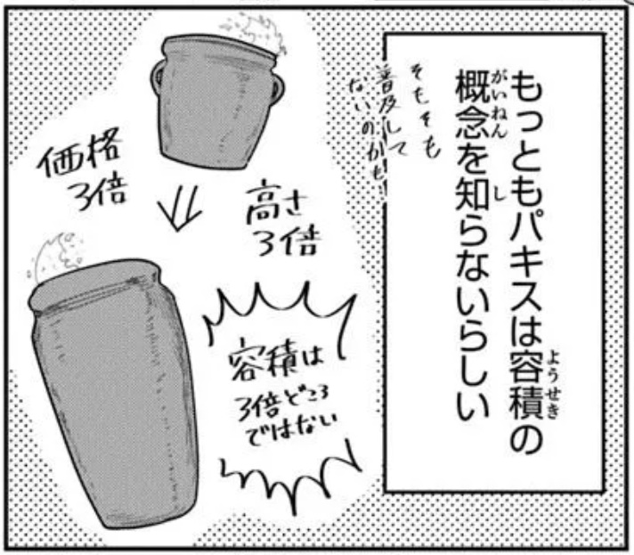 tomo_mayam's tweet photo. 漫画読んでてふと疑問に思ったんだけど、これどういうこと？
底面積が同じで高さだけが3倍になるなら、容積も3倍になるんじゃないの？
縦横高さ全部が3倍になるってなら、「容積は3倍どころではない」ってのも解るんだけど。 https://t.co/tlD0ufpC69