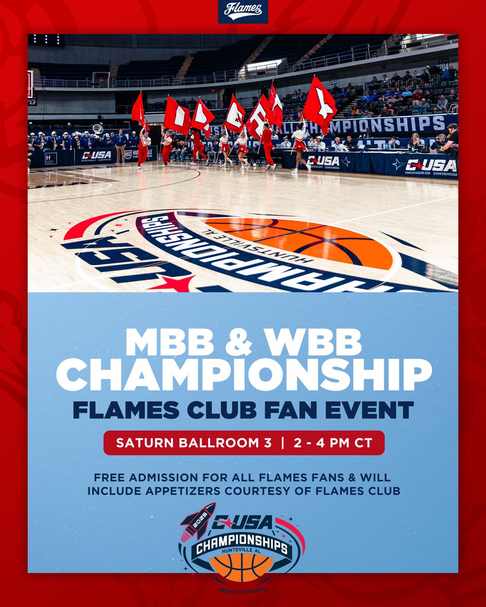 Flames fans headed to Huntsville for the CUSA championship games to cheer on <a href="/LibertyMBB/">Liberty Men's Basketball</a> &amp; <a href="/LibertyWBB/">Liberty Women's Basketball</a>, join us for our pregame fan event at 2 p.m. at the Von Braun Center!🏀

Free admission for all <a href="/LibertyFlames/">Liberty Flames</a> fans! 

#GoFlames🔥

libertyflames.com/feature/tourna…
