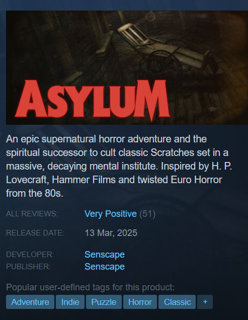 AgustinCordes's tweet photo. One day after launch, ASYLUM is now a Very Positive Steam game. https://t.co/QamdItP8B6