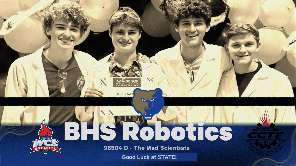 WCS Robotix (@wcsrobotix) on Twitter photo Congratulations to The Mad Scientists! Good luck at the TN VEX V5RC State Robotics Tournament this weekend! Congrats on making it to STATE!
<a href="/wcsBHS/">Brentwood HighSchool</a> <a href="/WCSedu/">WCS</a> <a href="/wcsCCTE/">wcsCCTE</a> <a href="/wcsCCTEks/">Kris Schneider</a> Congratulations to The Mad Scientists! Good luck at the TN VEX V5RC State Robotics Tournament this weekend! Congrats on making it to STATE!
<a href="/wcsBHS/">Brentwood HighSchool</a> <a href="/WCSedu/">WCS</a> <a href="/wcsCCTE/">wcsCCTE</a> <a href="/wcsCCTEks/">Kris Schneider</a>