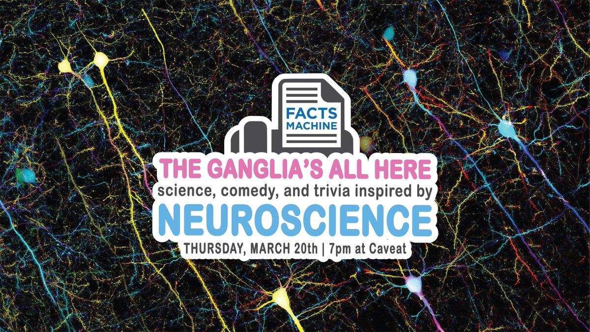 Missed out on #BrainAwarenessWeek events so far? @factsmachinepod has you covered!
Catch The Ganglia’s All Here on March 20 at 7pm at <a href="/caveatnyc/">CAVEAT</a>—an electrifying night of science, comedy &amp; trivia inspired by neuroscience! 🏆🔬
Get your neurons firing🎟️#Neuroscience #SciComedy