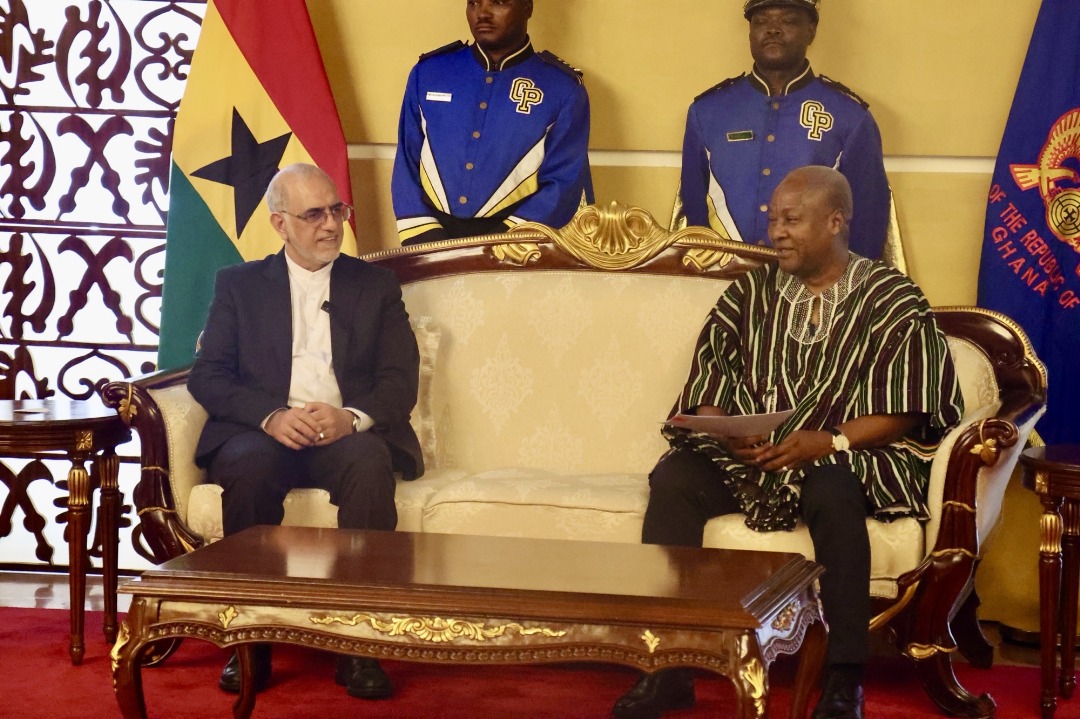 IRANinGHANA's tweet photo. H.E. Ali Ghomshi, the new Ambassador of the Islamic Republic of Iran, on Wednesday 12th March, 2025, presented his Letters of Credence to H. E. John Dramani Mahama, the President of the Republic of Ghana at a ceremony held at the Jubilee House. https://t.co/lG6HiG6gP9