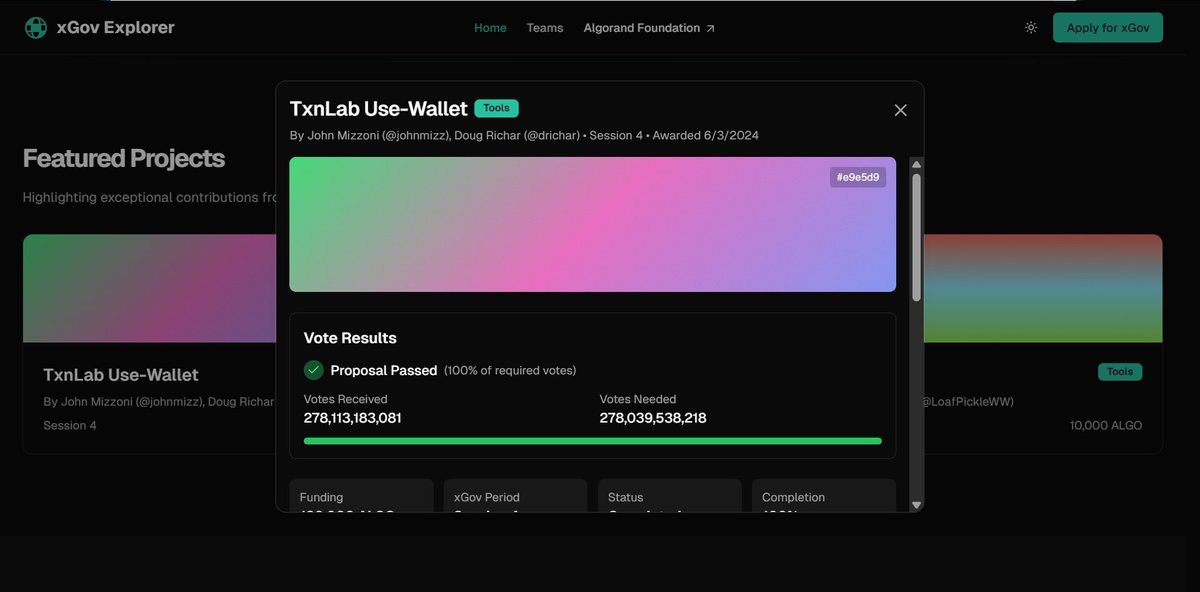 HEADLINE (@headline_crypto) on Twitter photo Improved detail view modal w/ vaul and radix-dialog for xGov Explorer. xGov shoutout to <a href="/prob_fishing/">fisherman.algo</a> <a href="/drichar/">doug.algo</a> for the featured proposal. The proposal gradient is uniquely generated for each proposal Id in the <a href="/AlgoFoundation/">Algorand Foundation</a> xGov program. #algorand Improved detail view modal w/ vaul and radix-dialog for xGov Explorer. xGov shoutout to <a href="/prob_fishing/">fisherman.algo</a> <a href="/drichar/">doug.algo</a> for the featured proposal. The proposal gradient is uniquely generated for each proposal Id in the <a href="/AlgoFoundation/">Algorand Foundation</a> xGov program. #algorand