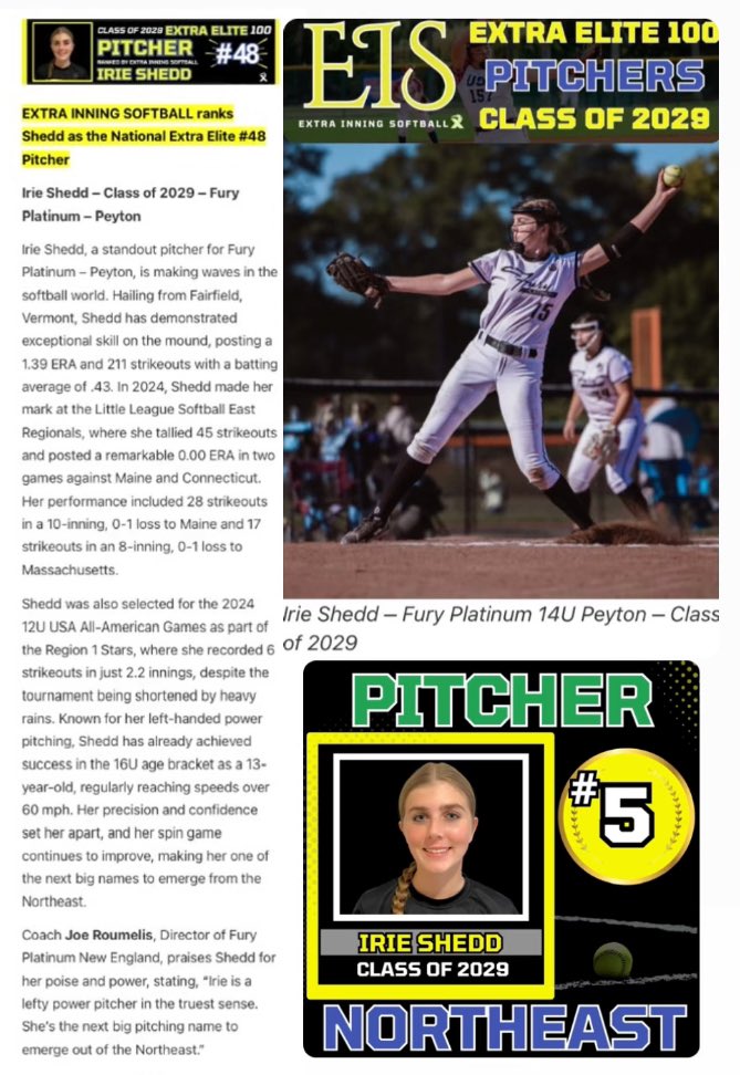Irie Shedd (@irieshedd2029) on Twitter photo Thank You <a href="/ExtraInningSB/">EXTRA INNING SOFTBALL</a> for recognizing me as class of 2029 National Extra Elite #48 Pitcher, as well as #5 for the Northeast Region! Thank you <a href="/CoachJoeSB/">Joe Roumelis</a> and <a href="/CoachpeytonSB/">Peyton Schnackenberg</a> for nominating me, and allowing me so many opportunities to play and get better with <a href="/FuryPlatinum/">FuryPlatinumSoftballClub</a>! I Thank You <a href="/ExtraInningSB/">EXTRA INNING SOFTBALL</a> for recognizing me as class of 2029 National Extra Elite #48 Pitcher, as well as #5 for the Northeast Region! Thank you <a href="/CoachJoeSB/">Joe Roumelis</a> and <a href="/CoachpeytonSB/">Peyton Schnackenberg</a> for nominating me, and allowing me so many opportunities to play and get better with <a href="/FuryPlatinum/">FuryPlatinumSoftballClub</a>! I