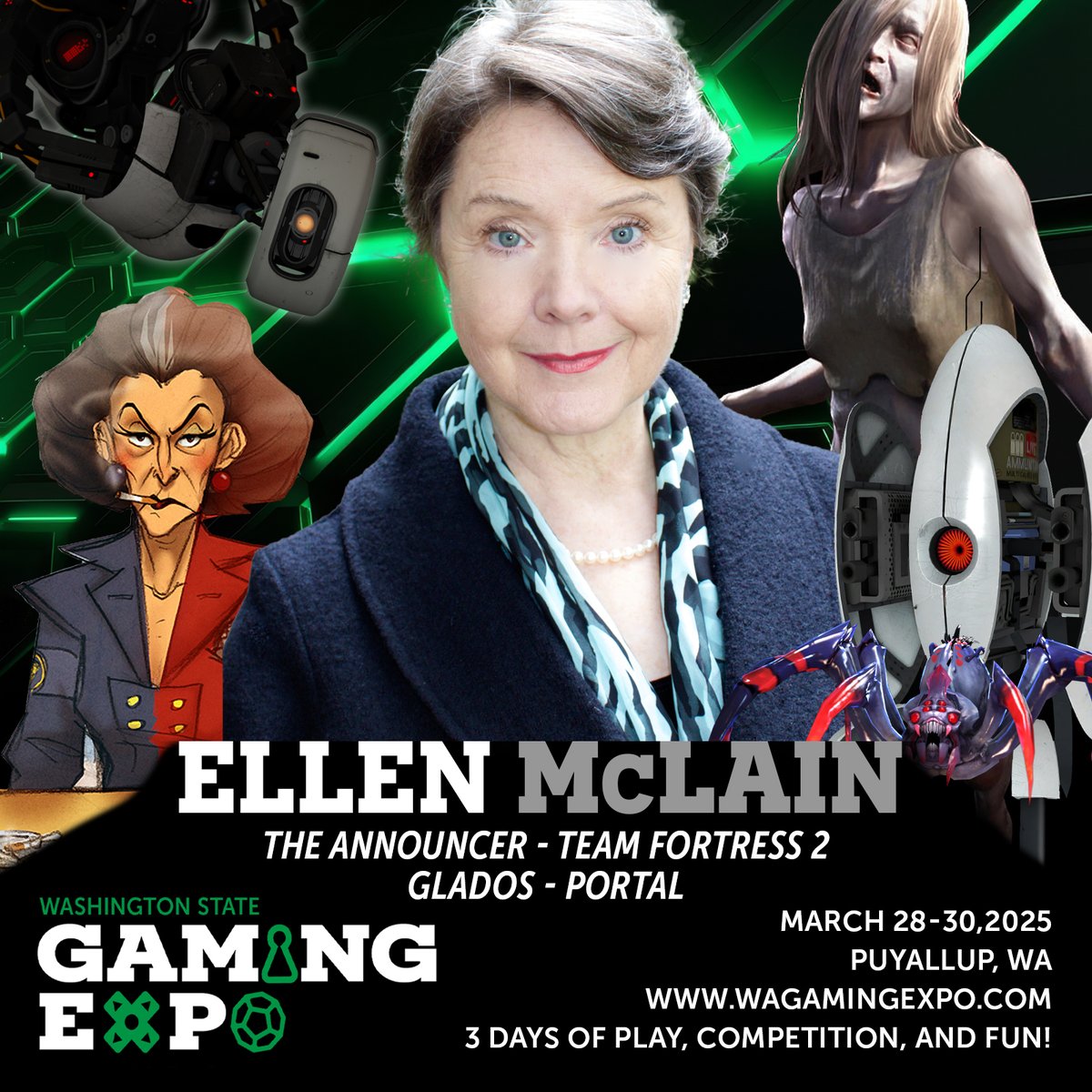 Next for the Team Fortress 2 reunion, we have the iconic Announcer/Administrator. Please welcome Ellen McClain to the Washington State Gaming Expo in Puyallup up on March 28-30.

Ellen, best known for GLaDOS, has called Seattle home for over thirty years. The Pacific Northwest