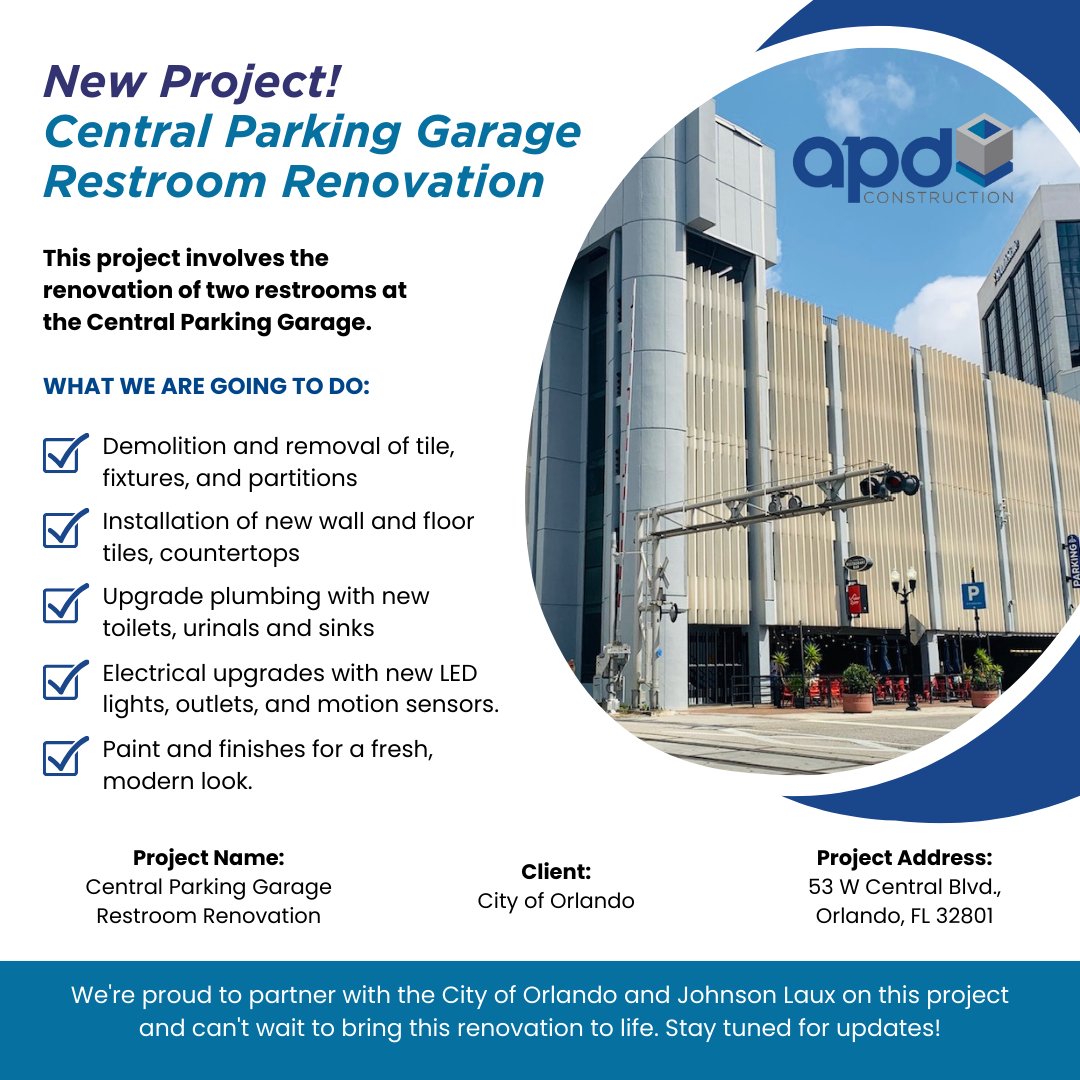 APDConstructLLC's tweet photo. Exciting news! #APDConstruction is kicking off the Central Parking Garage Restroom Renovation in Orlando.
We’re proud to partner with the @citybeautiful & Johnson Laux Construction on this project & can’t wait to bring this renovation to life.
#OrlandoConstruction
@OBJUpdate https://t.co/JGFtt2Lhtb