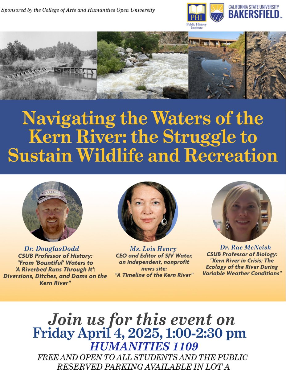 CSUBArtsHumanities (@csubah) on Twitter photo Save the date and join us for "Navigating the Waters of the Kern River: the Struggle to Sustain Wildlife and Recreation". This is FREE and open to all students and the public. Reserved parking available in Lot A.
Questions? Please email Dr. Doug Dodd at ddodd@csub.edu.
#csub Save the date and join us for "Navigating the Waters of the Kern River: the Struggle to Sustain Wildlife and Recreation". This is FREE and open to all students and the public. Reserved parking available in Lot A.
Questions? Please email Dr. Doug Dodd at ddodd@csub.edu.
#csub