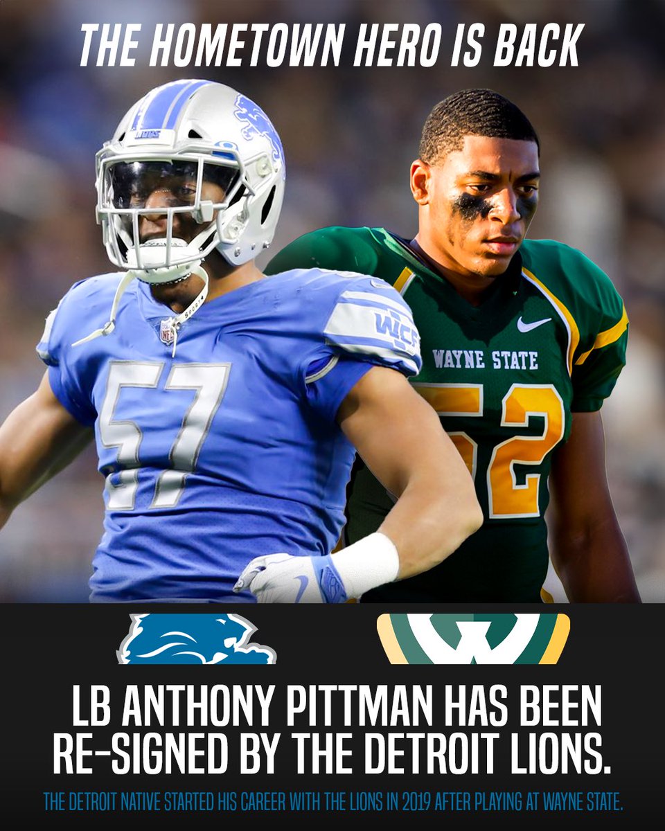 Division 1 Rejects (@d1_rejects) on Twitter photo Back to where it all started for <a href="/__Pittman__/">Anthony Pittman</a>
The <a href="/WSUWarriorFB/">Wayne State Football</a> alum has been re-signed by the <a href="/Lions/">Detroit Lions</a> 👏
#D1R | #D2FB Back to where it all started for <a href="/__Pittman__/">Anthony Pittman</a>
The <a href="/WSUWarriorFB/">Wayne State Football</a> alum has been re-signed by the <a href="/Lions/">Detroit Lions</a> 👏
#D1R | #D2FB