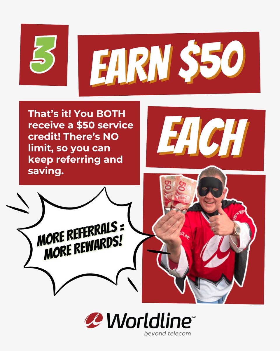 WorldlineCanada's tweet image. Being the hero has never been this rewarding! 🦸♂️💰 Just refer a friend to Worldline, and you BOTH get $50. It’s easy, and there’s no limit to how many friends you can refer!

Tap the link to learn more! 👉 worldline.ca/referrals/

#Worldline #ReferAFriend