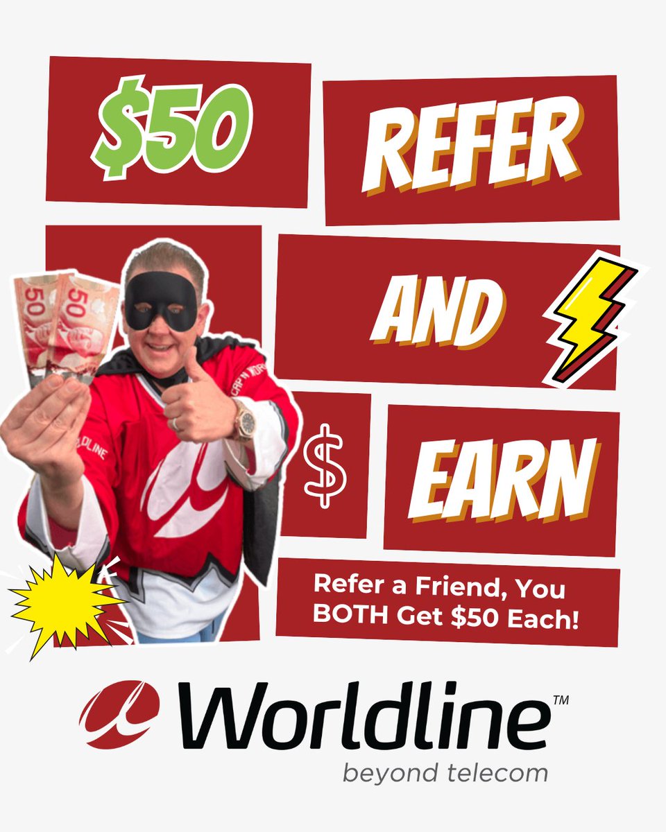 WorldlineCanada's tweet image. Being the hero has never been this rewarding! 🦸♂️💰 Just refer a friend to Worldline, and you BOTH get $50. It’s easy, and there’s no limit to how many friends you can refer!

Tap the link to learn more! 👉 worldline.ca/referrals/

#Worldline #ReferAFriend