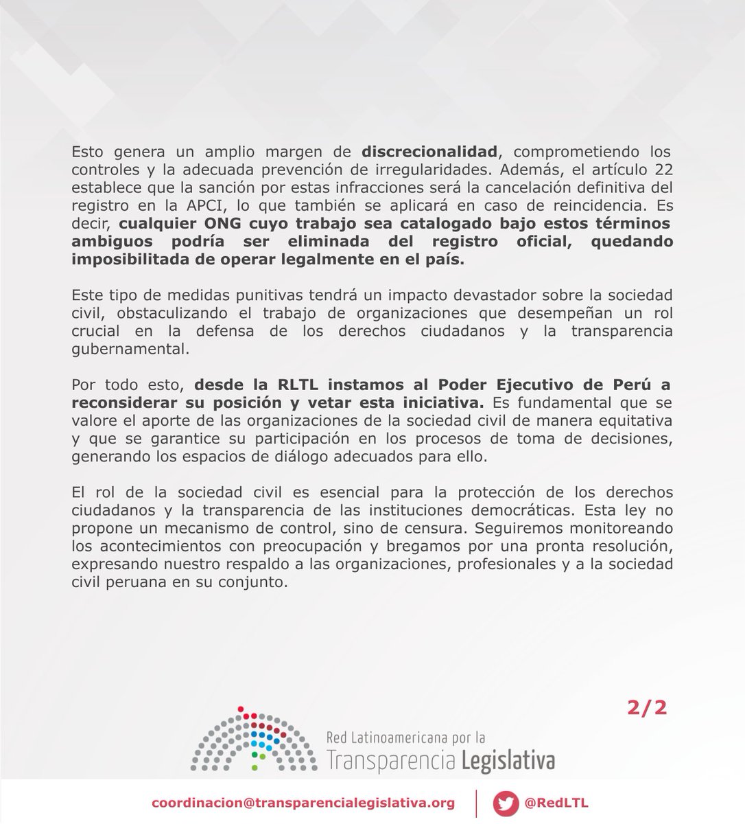 📢Grave retroceso en Perú: el Congreso aprobó un dictamen que otorga al gobierno amplios poderes de supervisión sobre organizaciones de la sociedad civil, amenazando su independencia.

Desde la RLTL, instamos al Ejecutivo a vetar esta iniciativa.