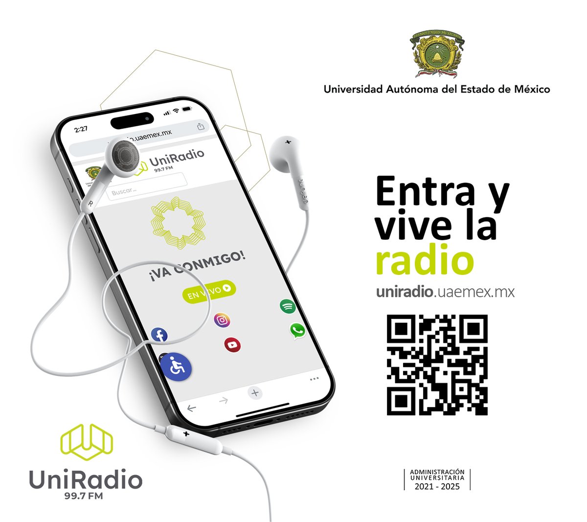 📻 📚⚽¡Sintoniza la radio universitaria! En <a href="/UniRadio997FM/">UniRadio</a> encontrarás una gran variedad de contenidos musicales, informativos, culturales, deportivos, infantiles y mucho más. ¡Conéctate a nuestra programación y acompáñanos en cada emisión!

#SomosUAEMéx💛💚