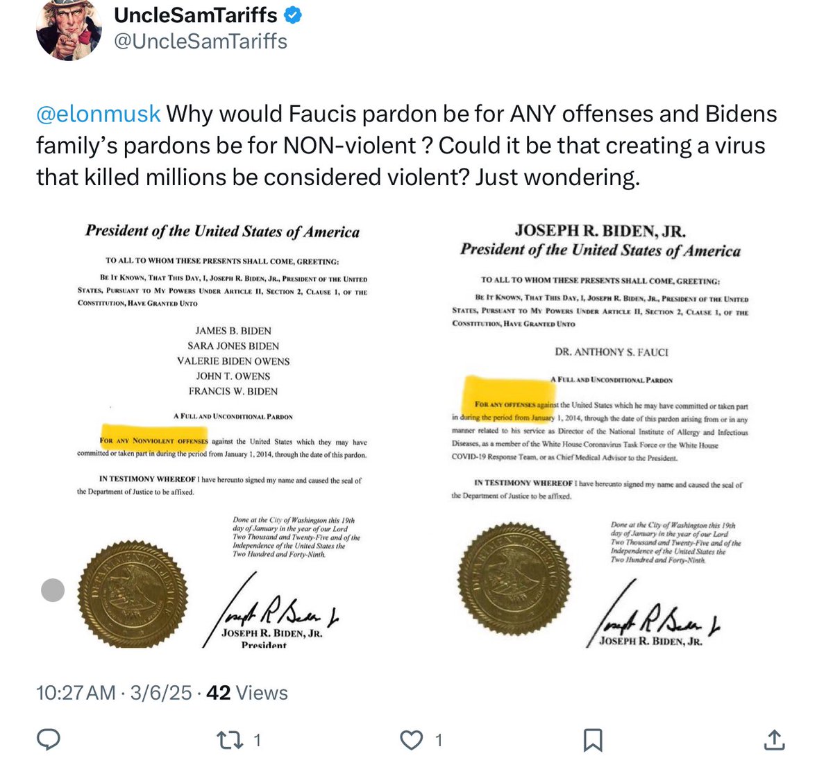 DonaldTrumpMogs's tweet photo. @atensnut A question we need to ask is why Faucis pardons say for “ all offenses” and the other one specifically say “ non-violent offenses” https://t.co/GwigYmZhqV