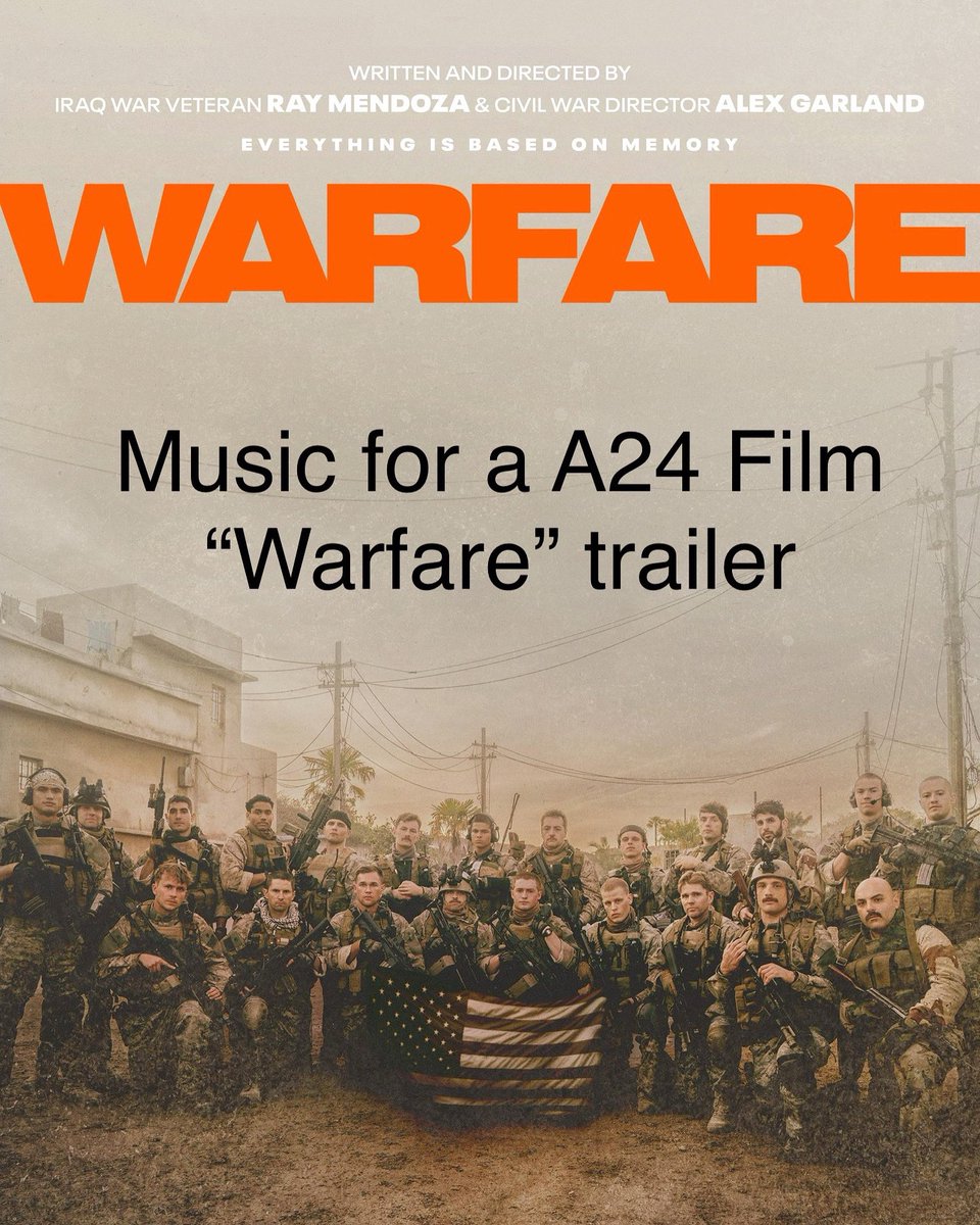 ComposerSteveW's tweet photo. Oscar winning A24 Films next release “Warfare” trailer music placement.  

@a24 #trailermusic #trailermusiccomposer #filmadvertising #a24warfare #synclicensing #sync #musiclicensing #trailermusicproduction #sounddesign #TVcomposer https://t.co/HT0LWMX9OF