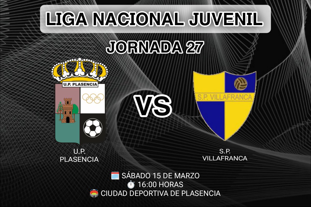 UPPlasencia_'s tweet photo. Mañana nuestros juveniles juegan en casa!⚽

Vamos con todo! 💪🏽🤍🖤

@UPPlasencia_
🆚
@SPV_OFICIAL

🗓️ Sábado 15 de Marzo 
📝 Jornada 27
⏱️ 16:00 horas
🏟️ Ciudad deportiva de Plasencia 

#yovuelvo
#50añosdeunion
#upplasencia
#vamoschavales https://t.co/XWldVHb08n