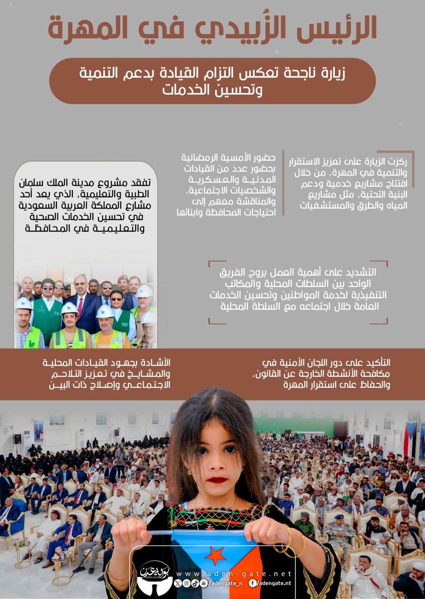 انفوجرافيك.. الرئيس الزُبيدي في المهرة
زيارة ناجحة تعكس التزام القيادة بدعم التنمية وتحسين الخدمات

#بوابة_عدن_الإخبارية
aden-gate.net/?p=30742
