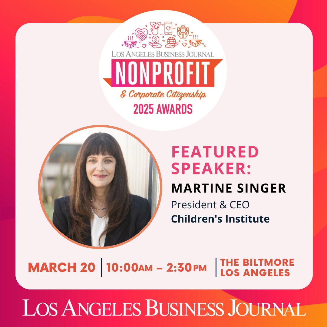 Children's Institute (@childrensinstla) on Twitter photo We are excited to share that Children's Institute, and our President & CEO Martine Singer have been nominated by the <a href="/LABJnews/">Los Angeles Business Journal</a> for their Nonprofit & Corporate Citizenship Award on Thursday, March 20.
More event details: lnkd.in/gRXGXMCC
We hope to see you all there! We are excited to share that Children's Institute, and our President & CEO Martine Singer have been nominated by the <a href="/LABJnews/">Los Angeles Business Journal</a> for their Nonprofit & Corporate Citizenship Award on Thursday, March 20.
More event details: lnkd.in/gRXGXMCC
We hope to see you all there!