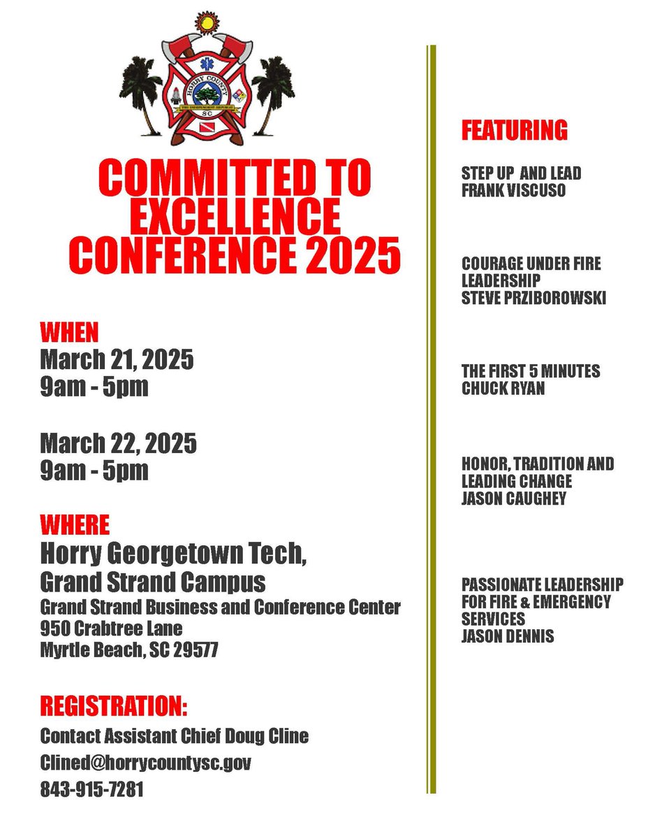 If you’re in Myrtle Beach, I’m presenting Courage Under Fire Leadership on March 21 from 1 to 5 pm. Honored to share the stage with 4 other talented fire service leaders.  Some seats still remain. Thanks to Horry County Fire Rescue Assistant Chief <a href="/dcline11/">Douglas Cline</a> for the opportunity!