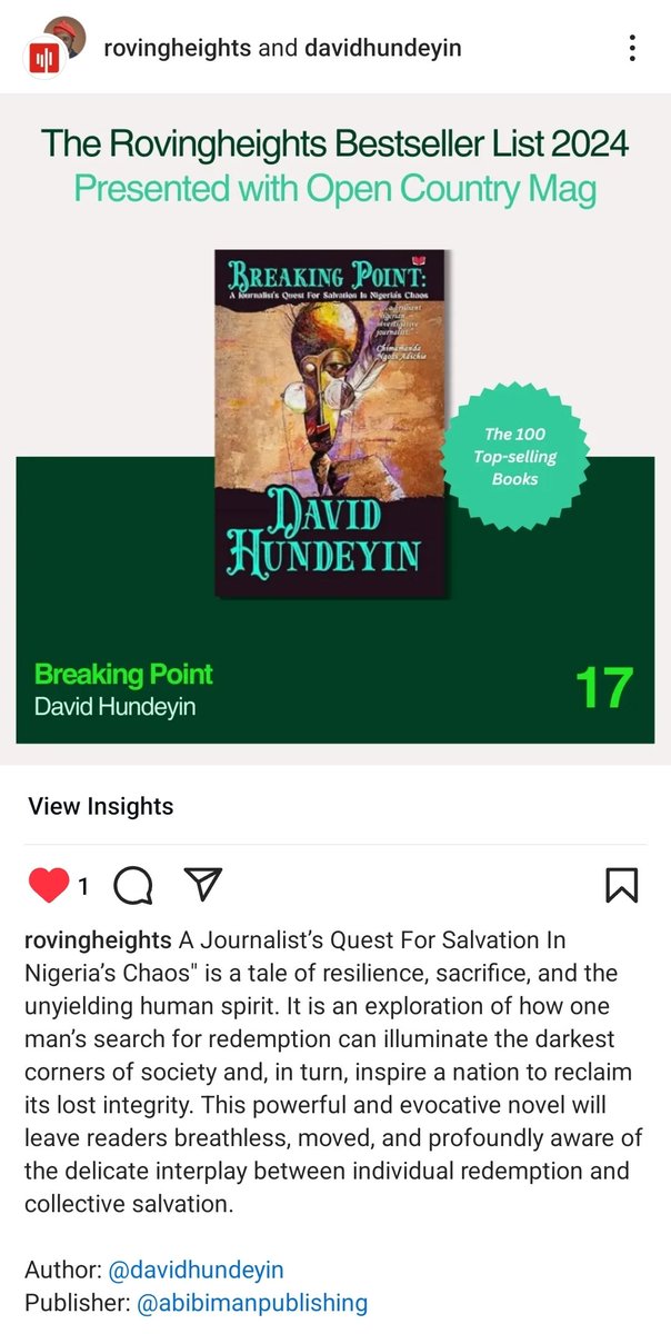 David Hundeyin (@davidhundeyin) on Twitter photo My sophomore nonfiction title 'Breaking Point' has been ranked #17 on the <a href="/OpenCountryMag/">OPEN COUNTRY MAG</a> 100 Nigeria bestsellers list of 2024.
For Nigerian readers, it's available at <a href="/Rovingheights/">RH Books</a>, and for everyone else it's available on <a href="/amazon/">Amazon</a> and <a href="/NuriaStore/">The Home of African Books</a> My sophomore nonfiction title 'Breaking Point' has been ranked #17 on the <a href="/OpenCountryMag/">OPEN COUNTRY MAG</a> 100 Nigeria bestsellers list of 2024.
For Nigerian readers, it's available at <a href="/Rovingheights/">RH Books</a>, and for everyone else it's available on <a href="/amazon/">Amazon</a> and <a href="/NuriaStore/">The Home of African Books</a>