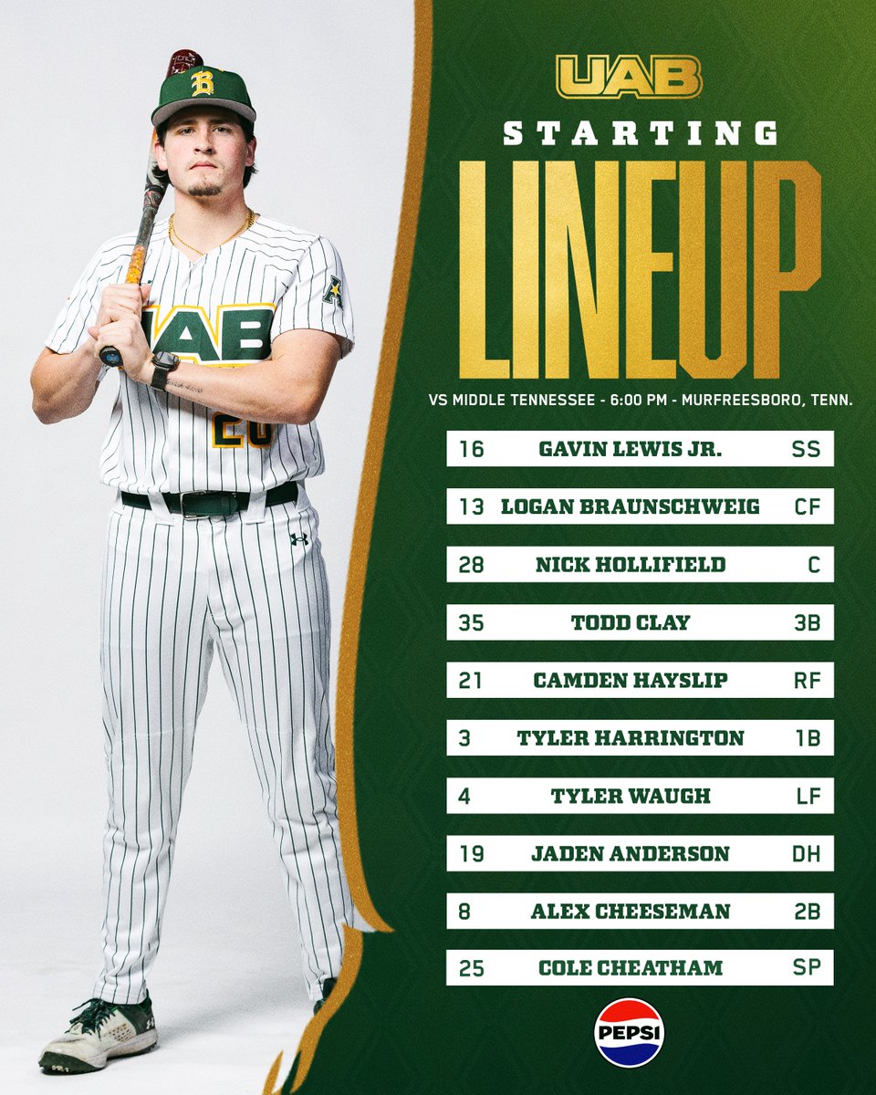 UAB_Baseball's tweet image. Game 1⃣8⃣ Starters

📊 bit.ly/4kqHezl
📺 bit.ly/3Fw7tEB