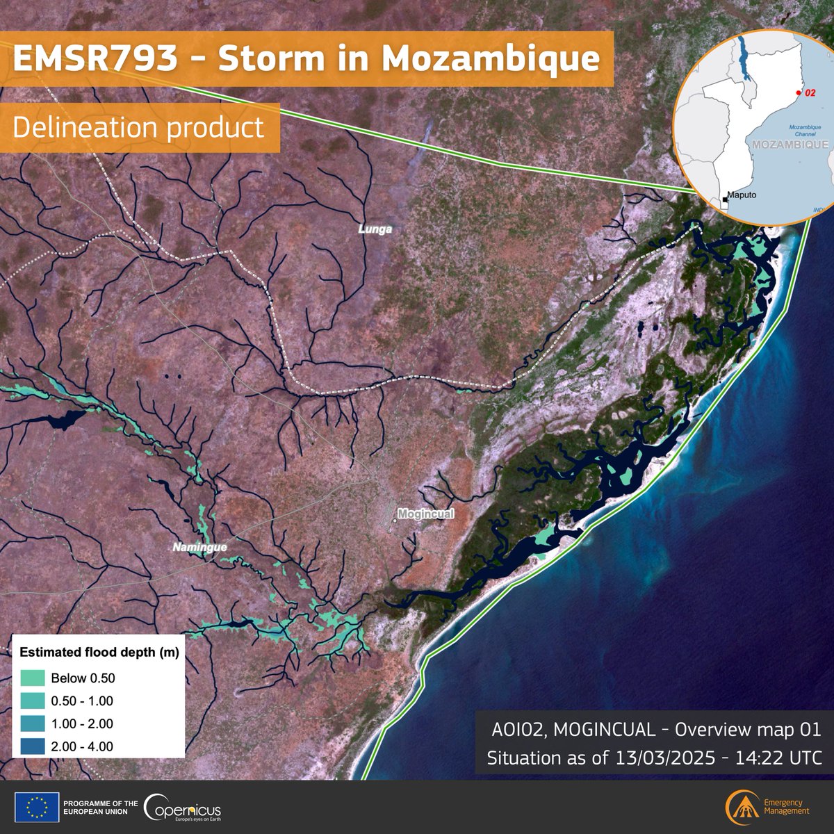 🌀 #EMSR793 – Cyclone Jude, Mozambique 🇲🇿

On 10 March, Cyclone hit Nampula Province, bringing strong winds &amp; severe flooding.

In Mogincual, our #MappingTeam identified 1,540 ha flooded &amp; 336 km of roads potentially affected.

🔗 Latest updates: rapidmapping.emergency.copernicus.eu/EMSR793/report…