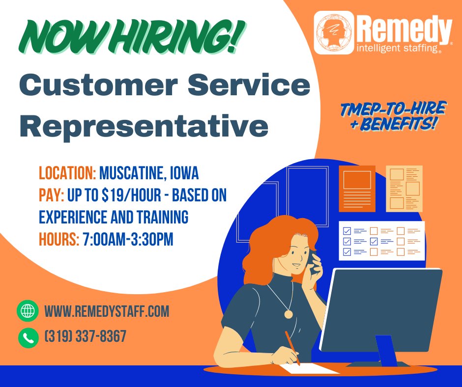 RemedyIowaCity's tweet photo. Exciting Temp-to-Hire opportunity alert! 🚨 Remedy is hiring Customer Service Representatives in Muscatine, IA🔎 Earn up to $19/hour! Apply on our website or call us today! 📲
#remedystaffing #staffingagency #applyonline #customerservicejobs #customerservicerepjobs... https://t.co/opLoJp0aPo