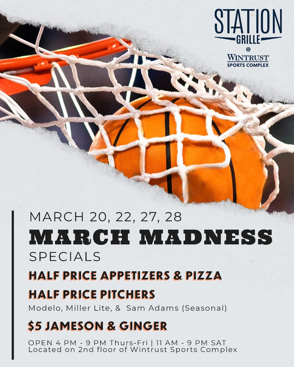 🏀 March Madness kicks off Next Week! 🎉 Join us on the select dates for game-day specials here at Station Grille—½ price apps, pizza, and pitchers! Plus, arcade &amp; court contests with prizes. Wear your team’s jersey and let’s celebrate! 🔥🏆 #MarchMadness #WintrustSportsComplex