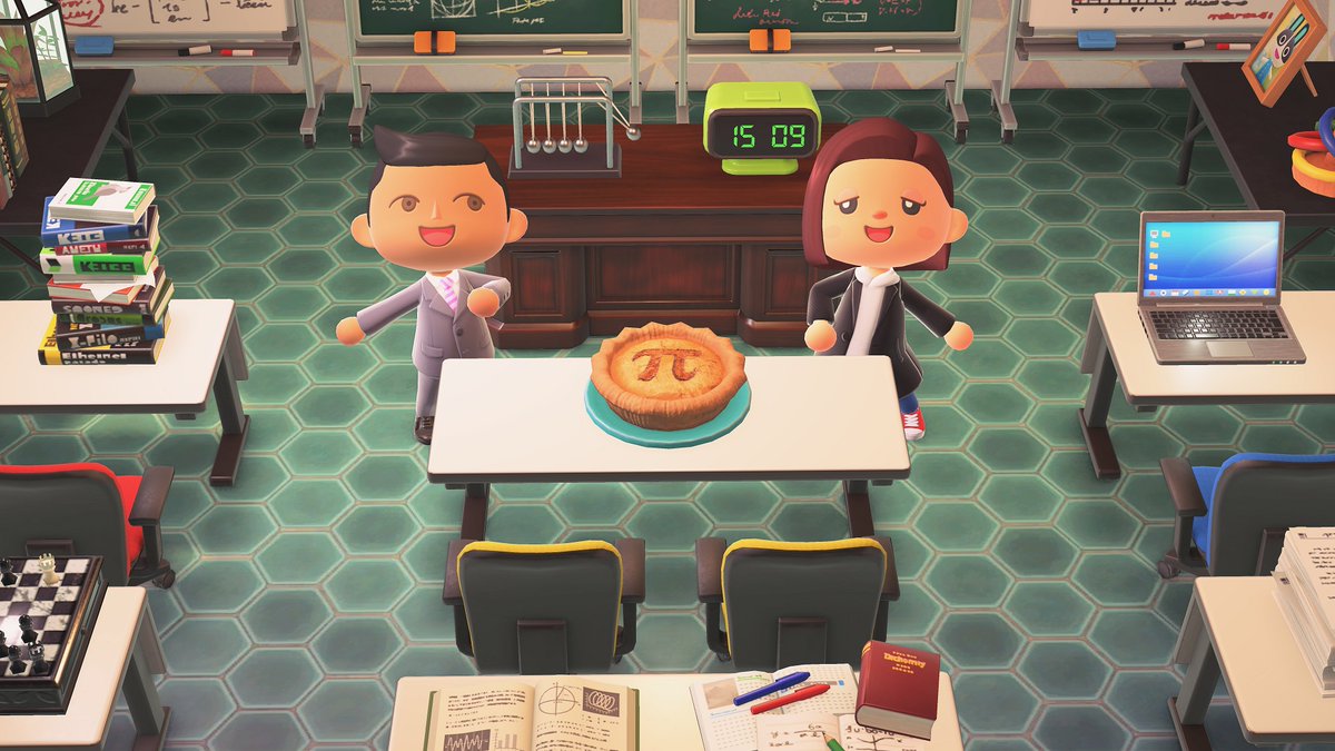 Hi, everyone! It's currently March 14th at exactly 15 hours and 9 minutes! Today is also π Day, pronounced "Pi Day." We could solve for the circumference of a pie using its diameter and π! If only all math problems could be solved with a tasty treat!