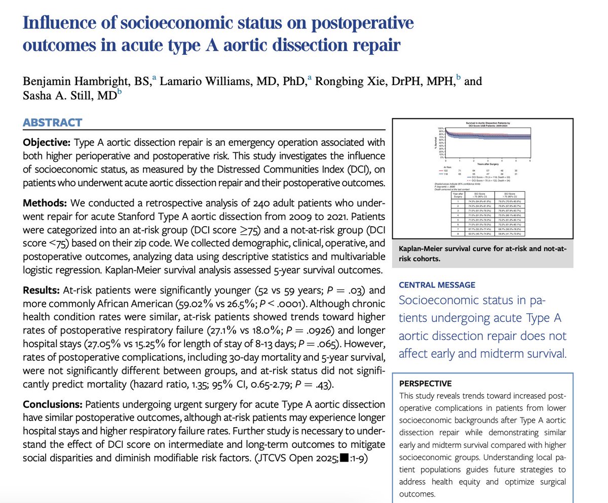 Sasha Still MD (@rootgal210) on Twitter photo JTCVS Open:
Evaluating effects of socioeconomic status (DCI score) on postop outcomes following ATAAD repair.
Result: Similar postoperative mortality @ 30d - 5yr.
Consider: Equal access as a balancing force
<a href="/UABSurgery/">UAB Surgery</a> <a href="/UABCVI/">UAB Cardiovascular Institute</a> <a href="/THINK__AORTA/">THINK AORTA Global</a> <a href="/AATSHQ/">AATS</a> <a href="/TSRA_official/">TSRA</a> #aortaED JTCVS Open:
Evaluating effects of socioeconomic status (DCI score) on postop outcomes following ATAAD repair.
Result: Similar postoperative mortality @ 30d - 5yr.
Consider: Equal access as a balancing force
<a href="/UABSurgery/">UAB Surgery</a> <a href="/UABCVI/">UAB Cardiovascular Institute</a> <a href="/THINK__AORTA/">THINK AORTA Global</a> <a href="/AATSHQ/">AATS</a> <a href="/TSRA_official/">TSRA</a> #aortaED
