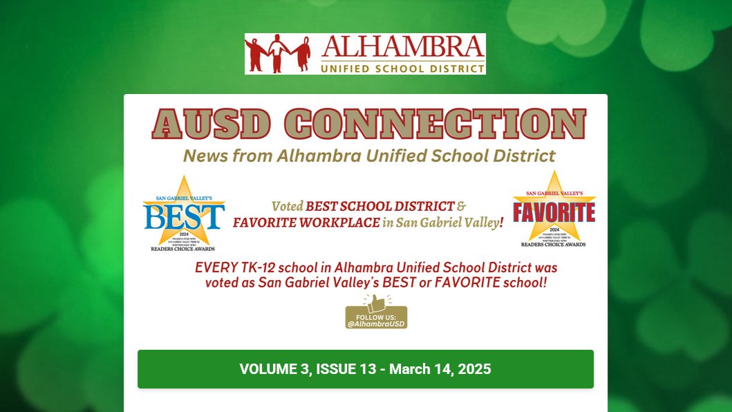 💚 March 14th #AUSDConnection is here‼️

Access it at:
🌐tinyurl.com/AUSDConnection…

➡ Check out 👀the new INTERACTIVE 👨‍🍳👩‍🍳 CAFETERIA MENUS❗ (Get menu updates, nutritional information, calorie/carb/fat trackers, allergen alerts, &amp; more❗ 

Don't forget to wear green 🍀 on Monday‼️