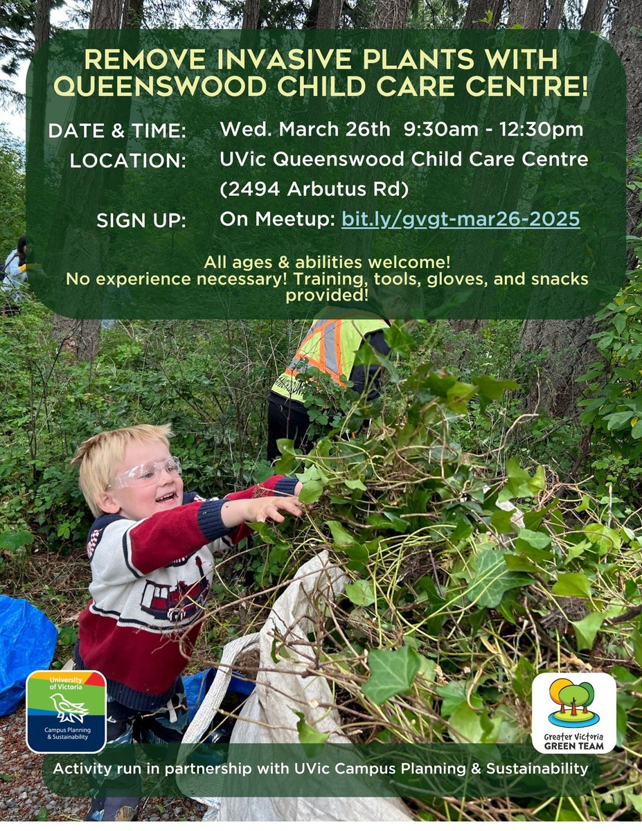 Unique activity alert! 
Join us as we collaborate with Queenswood Child Care Centre to connect with nature and remove invasive plants on Wed. March 26th from 9:30am-12:30pm! 
SIGN UP &amp; see details here: bit.ly/gvgt-mar26-2025